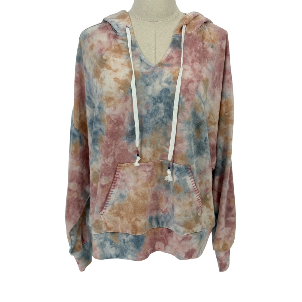 Skies Are Blue Soft Hoodie Tie Dye V-Neck Whipstitch Pocket Pink Blue Large